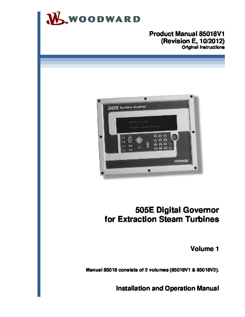 First Page Image of Woodward 505E Digital Governor for Extraction Steam Turbines 85018V1.pdf